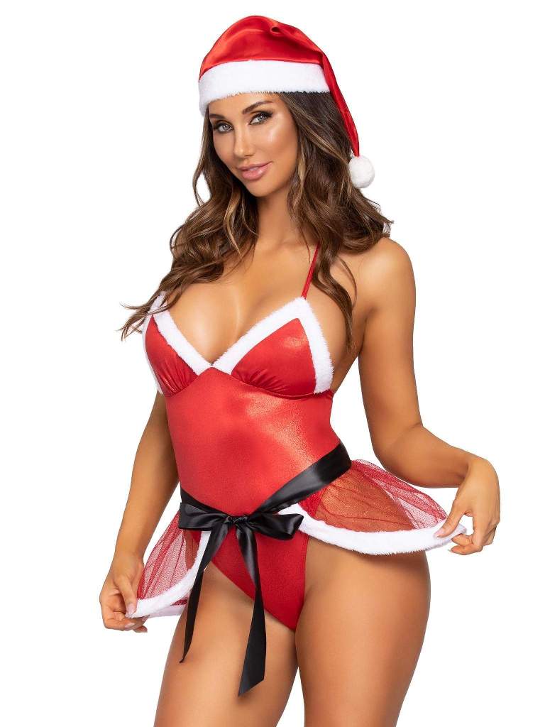 Sultry red shimmer fabric and soft white faux fur trim come ... Leg Avenue - Sexy Santa Set - Red - L photo-3