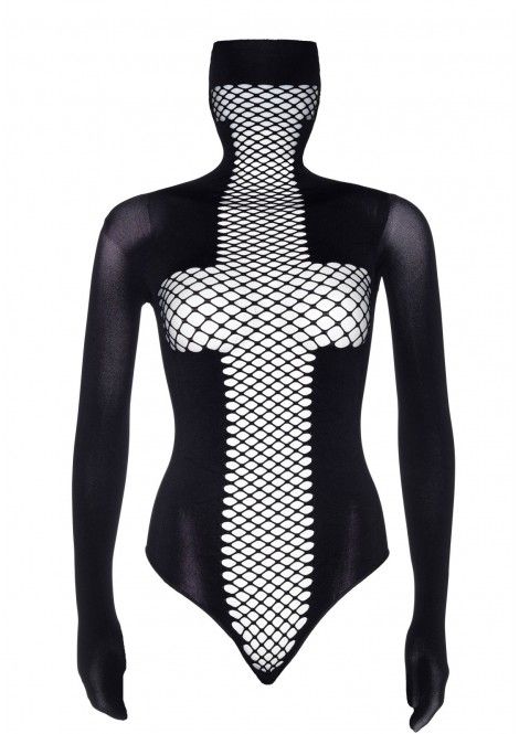 Opaque and net masked teddy with wrap around restraint sleev... Leg Avenue - Opaque & Net Masked Teddy - Black photo-5