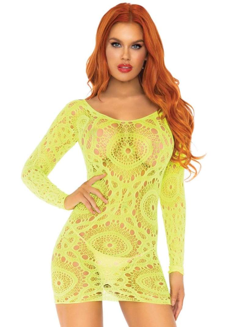Crochet lace long sleeved mini dress.
Great for a layering ... Leg Avenue - Crochet Mini Dress - Neon Yellow photo-3