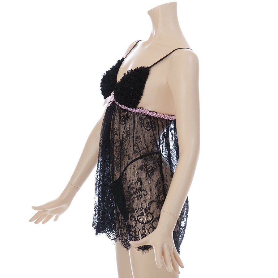 Bust part is rugged mesh frills. Even people who do not have... Costume Garden - GB-359 Lace Negligee with Panties - Black photo-5