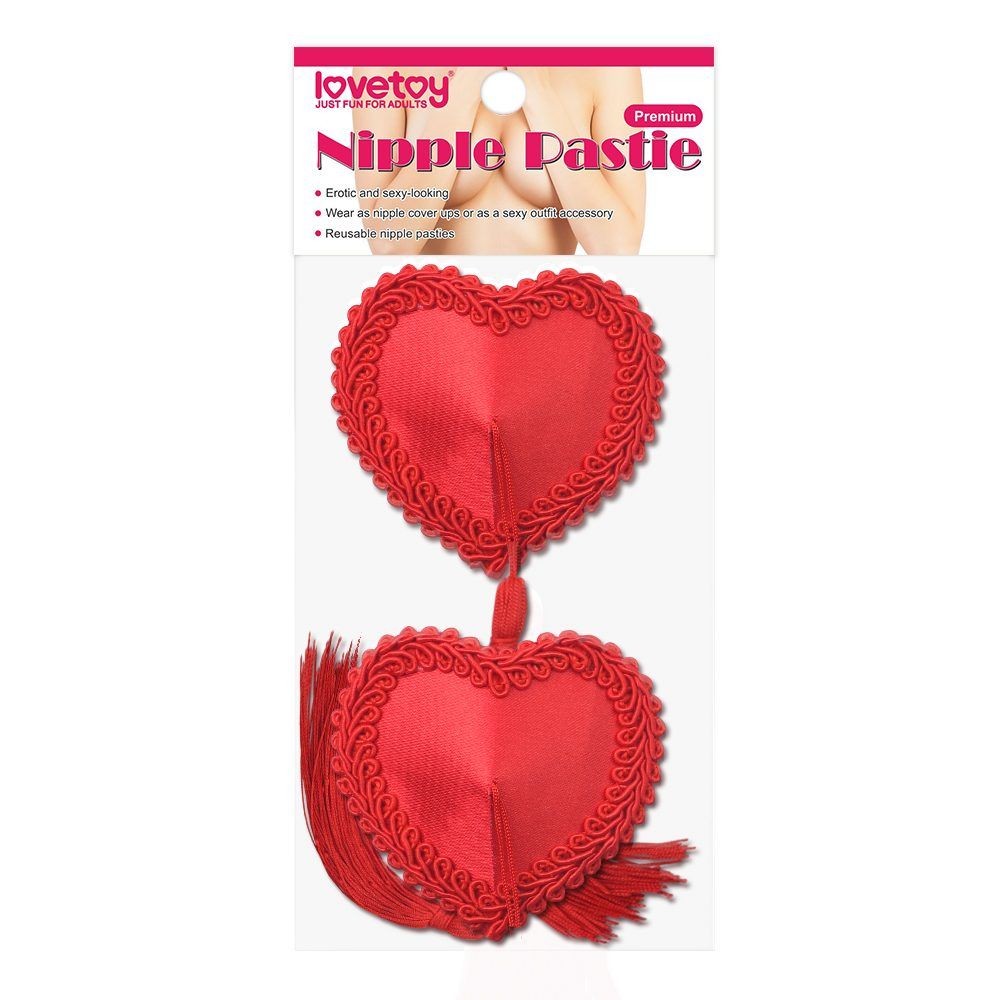 Red Heart Shaped Nipple Pasties with Lace Edge and Tassels&n... Lovetoy - Heart Tassels Nipple Pasties - Red photo-3