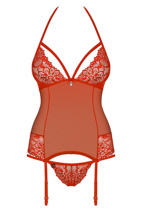Obsessive - 838-COR-3 Corset & Thong - Red - S/M photo-7
