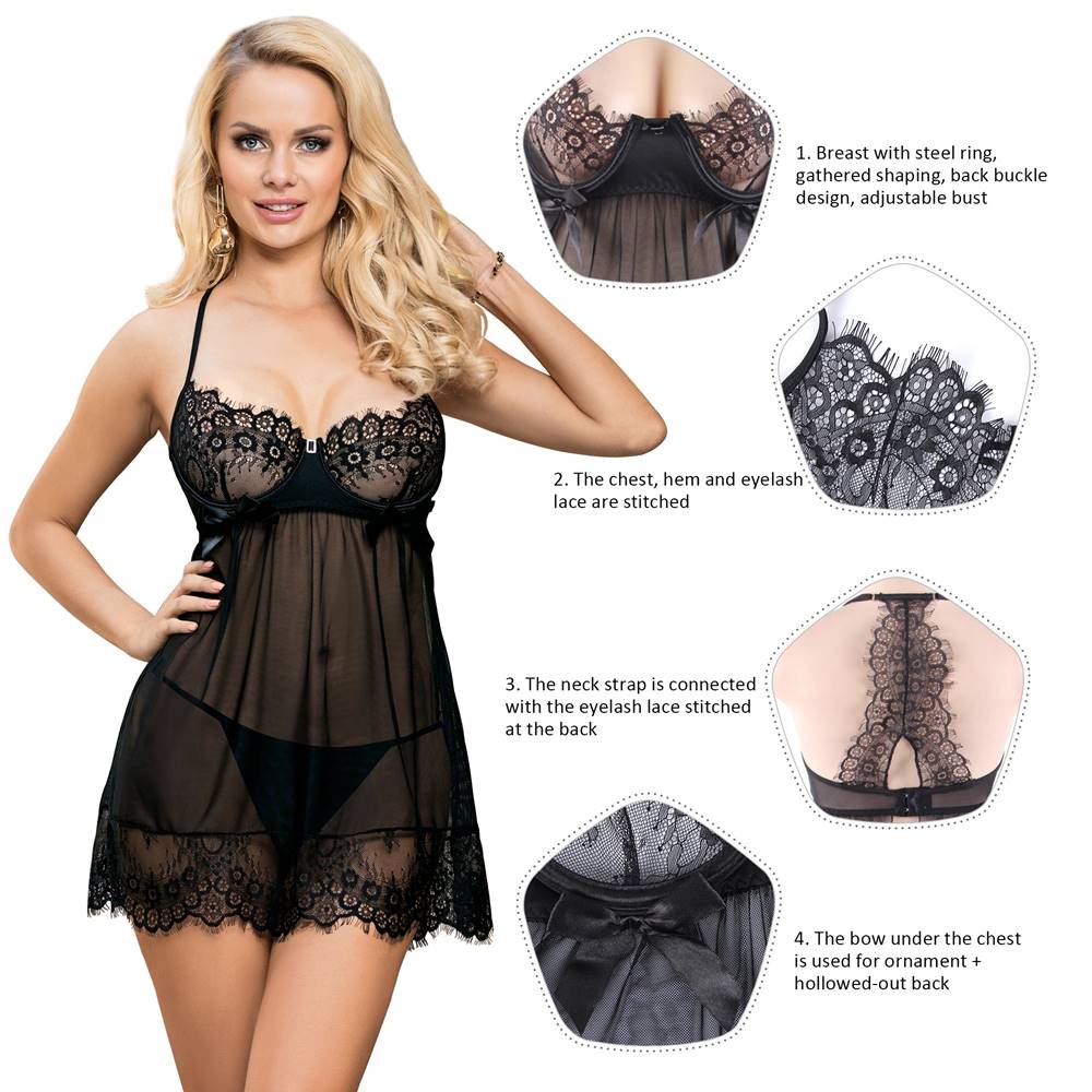 Sexy Black Sheer Floral Eyelash Trim Lace Babydoll Set with ... Ohyeah - Sheer Floral Babydoll - Black - XL photo-4