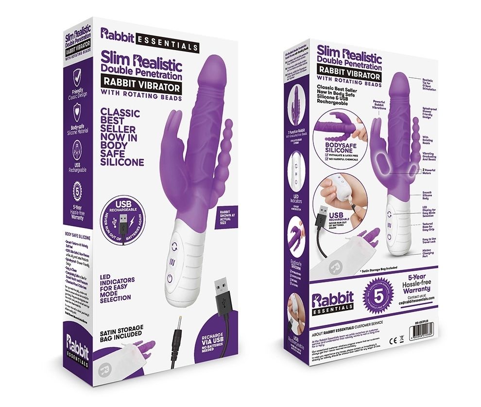 The Slim Realistic Double Penetration Rabbit Vibrator with R... Rabbit Essentials - 7 Function Rabbit w/Anal Beads - Purple photo-11