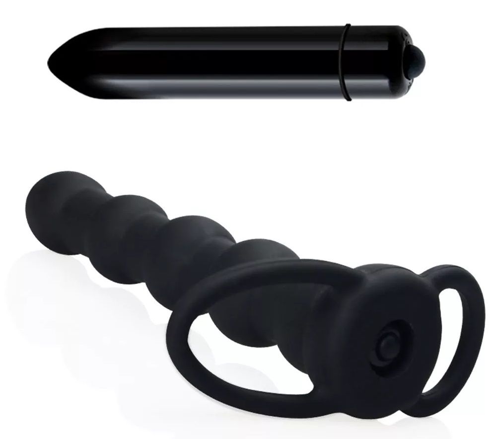 Lovetoy - 震动后庭串珠阴茎睾丸环 - 黑色 照片-4