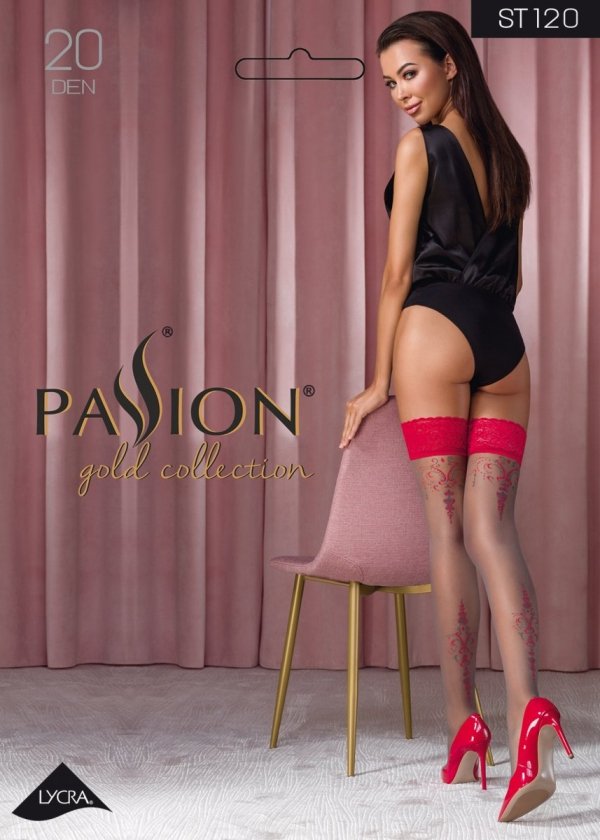 Patterned, thin, slightly transparent stockings with the add... Passion - ST120 Stockings - Silver/Red - 1/2 photo-4