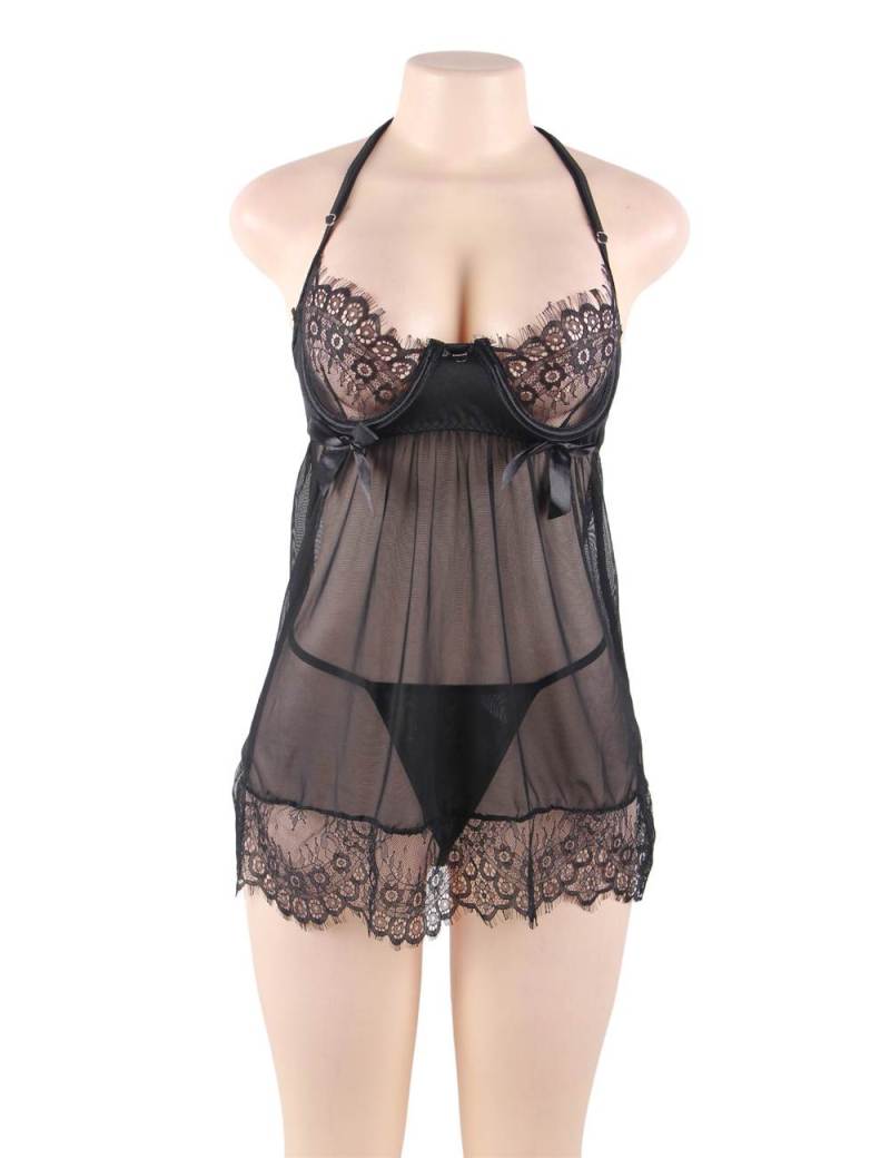 Sexy Black Sheer Floral Eyelash Trim Lace Babydoll Set with ... Ohyeah - Sheer Floral Babydoll - Black - M photo-5