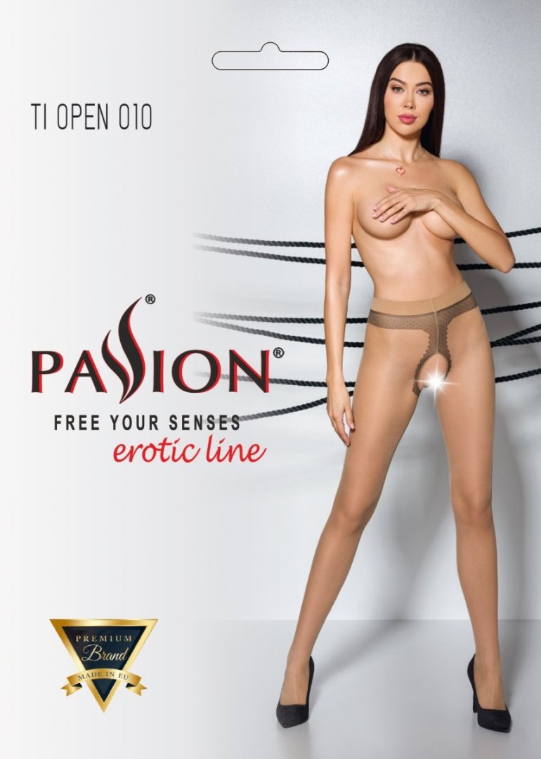 Elegant tights with a cut between the thighs and an interest... Passion - Tiopen 010 Pantyhose - Beige - 3/4 photo-5