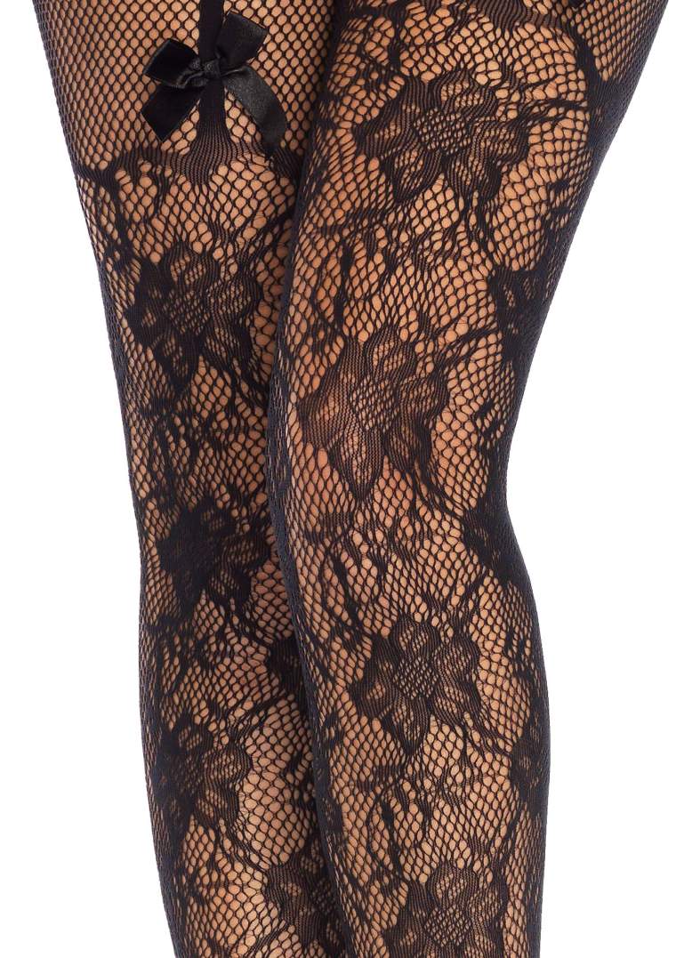 Fleur de lace suspender illusion crotchless tights with bow ... Leg Avenue - Fleur de Lace Crotchless Tights - Black photo-5