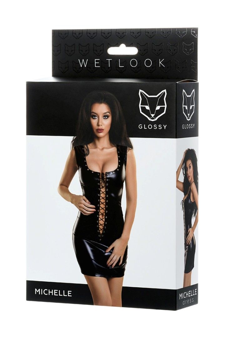 Dress with metal studs and lace-up front and back. The form-... Glossy - Michelle Wetlook Dress - Black - L photo-5