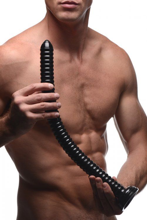 Bulging with rib after rib of smooth ecstasy tol massage you... Hosed - 19" Ribbed Anal Dildo - Black photo-4