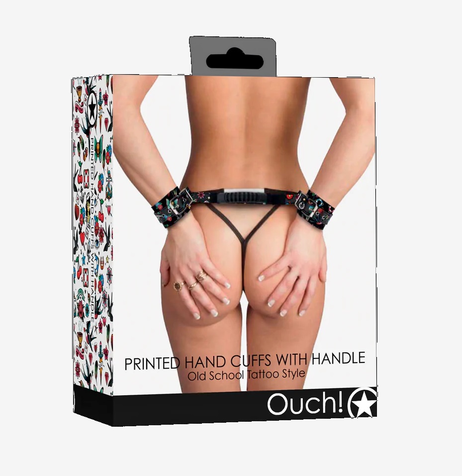 Looking for a handcuff with a handle made for hardcore play?... Ouch - Restraint Old School Tattoo Hand Cuffs - Black photo-5