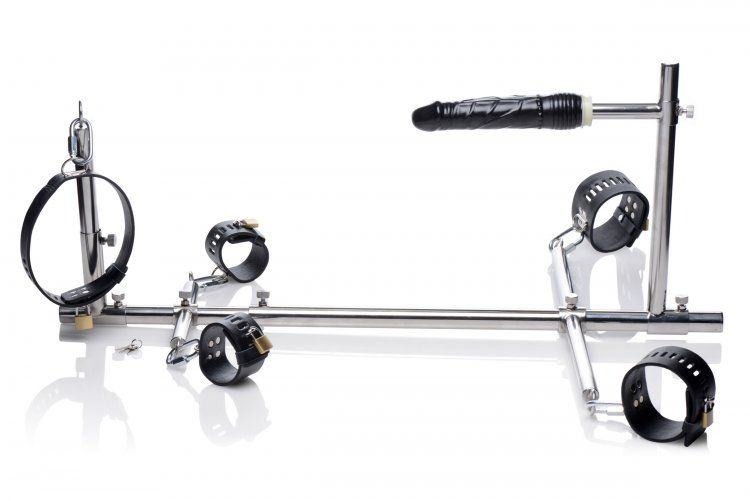 Master Series - Imprisoned Metal Stockade with Dildo - Black photo-6