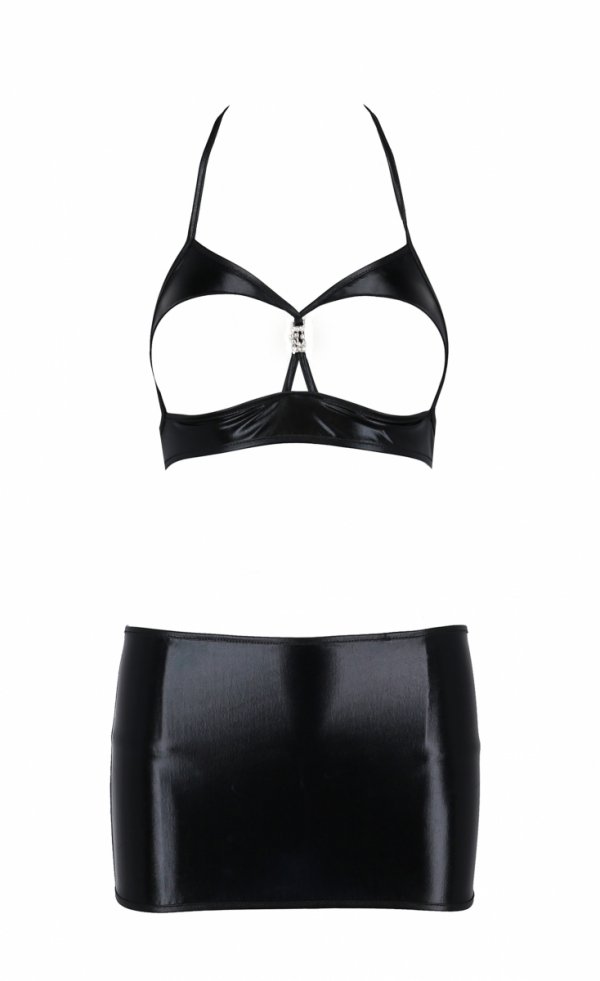 Superb 3-piece set made in a shiny wet effect fabric. An ope... Passion - Vicky Set w Open Bra - Black - L/XL photo-5