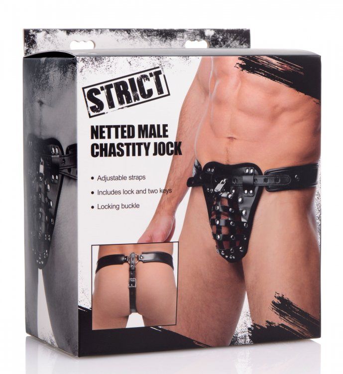 Lock your man up in a comfortable cage that denies him acces... Strict - Netted Male Chastity Jock - Black photo-5