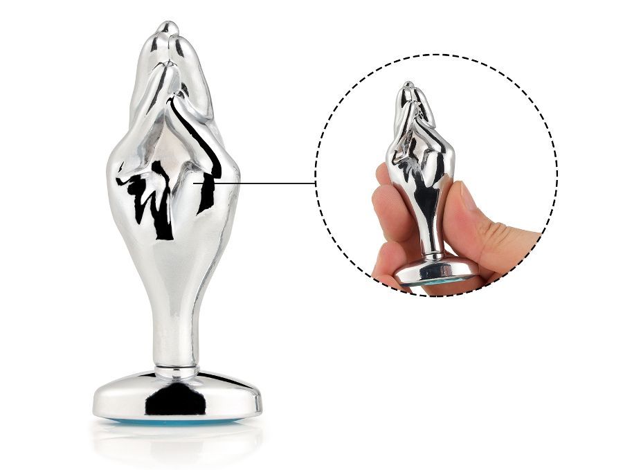 Silver palm anal plug with diamond oval bottom finished MT - Gem Anal Hand Plug S-size - Blue photo-3