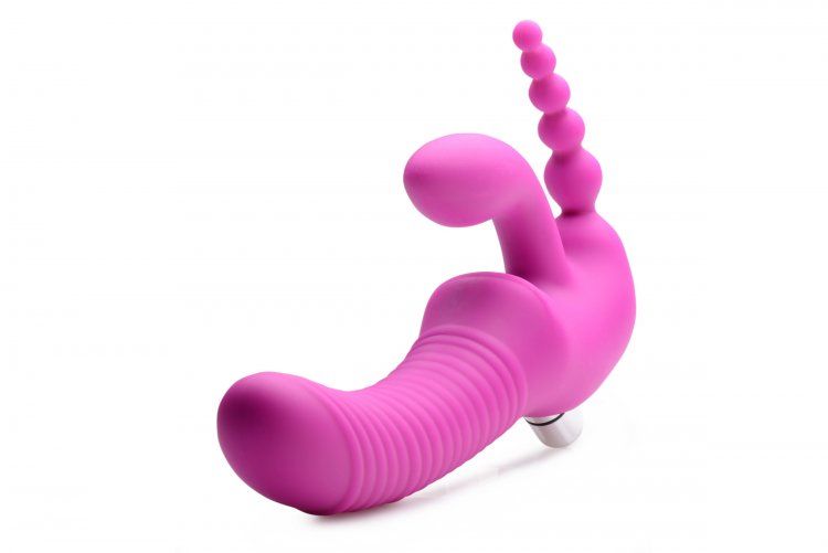 Ergonomically designed for the female body, this strapless s... Strap U - Regal Rider Vibrating Strapless Strap-on Triple G Dildo - Purple photo-3