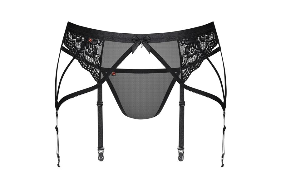 Obsessive - 854-GAR-1 吊袜带和丁字裤 - 黑色 - L/XL 照片-7