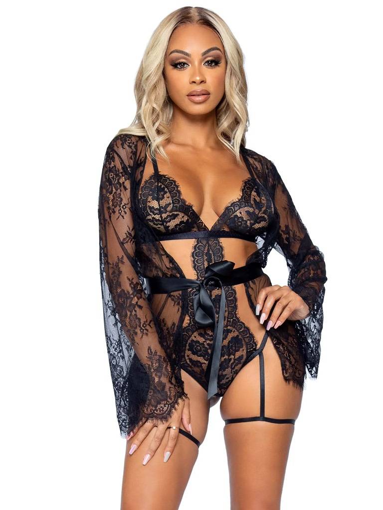 Leg Avenue - All Romance Teddy Robe Set - Black - S photo-3