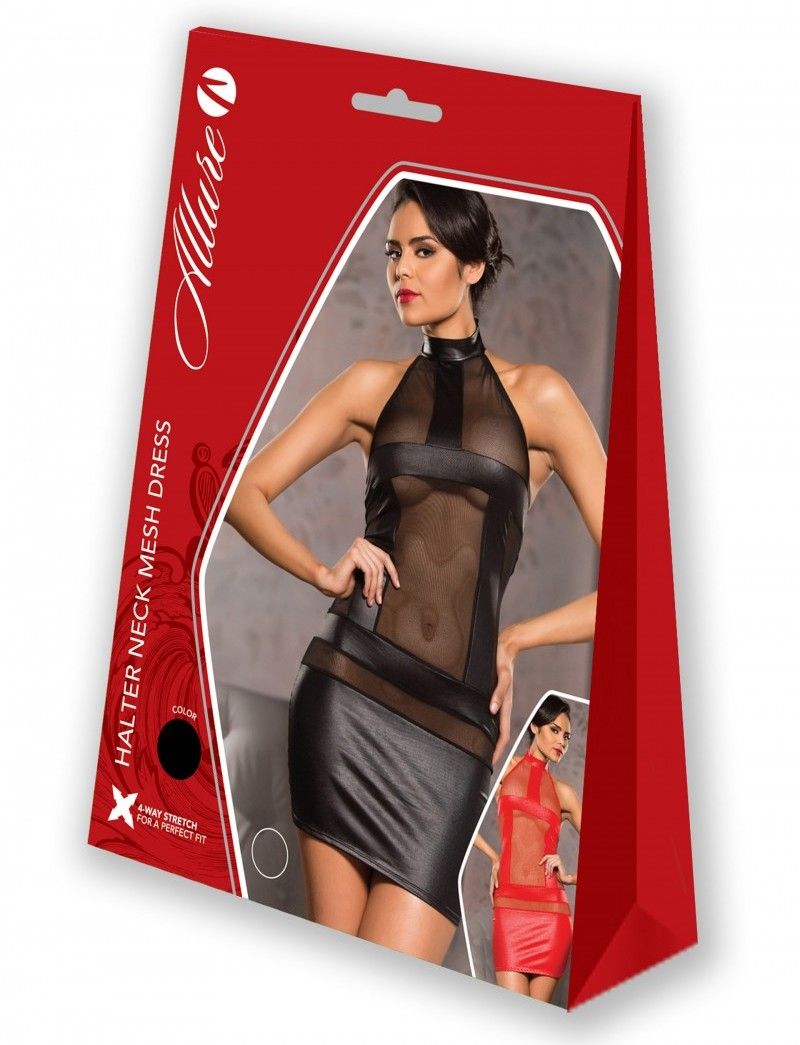 A gorgeous nylon and wet look mini dress with a halter neck,... Allure - Halter Neck Mesh Dress - Red - L/XL photo-3