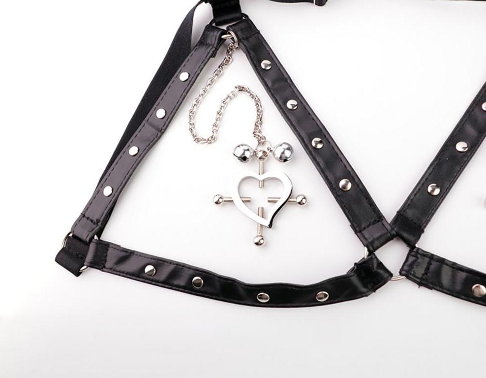 FAAK - Heart Screw Nipple Clamps Belt - Black 照片-3