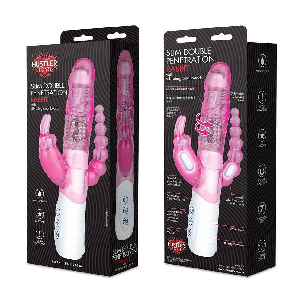 The Slim Double Penetration Rabbit from Hustler Toys makes y... Hustler - Slim Double Penetration Rabbit with Vibrating Anal Beads - Pink photo-3