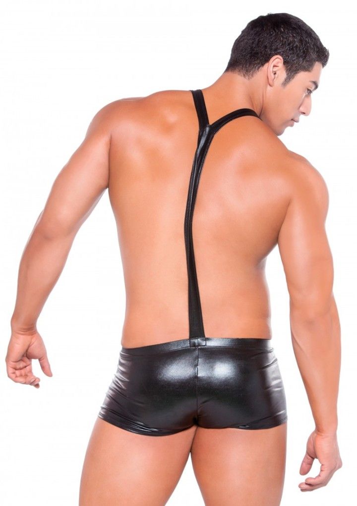 Help make things playful with these snug and sexy wet look s... Allure - Wetlook Suspender Shorts - Black photo-2