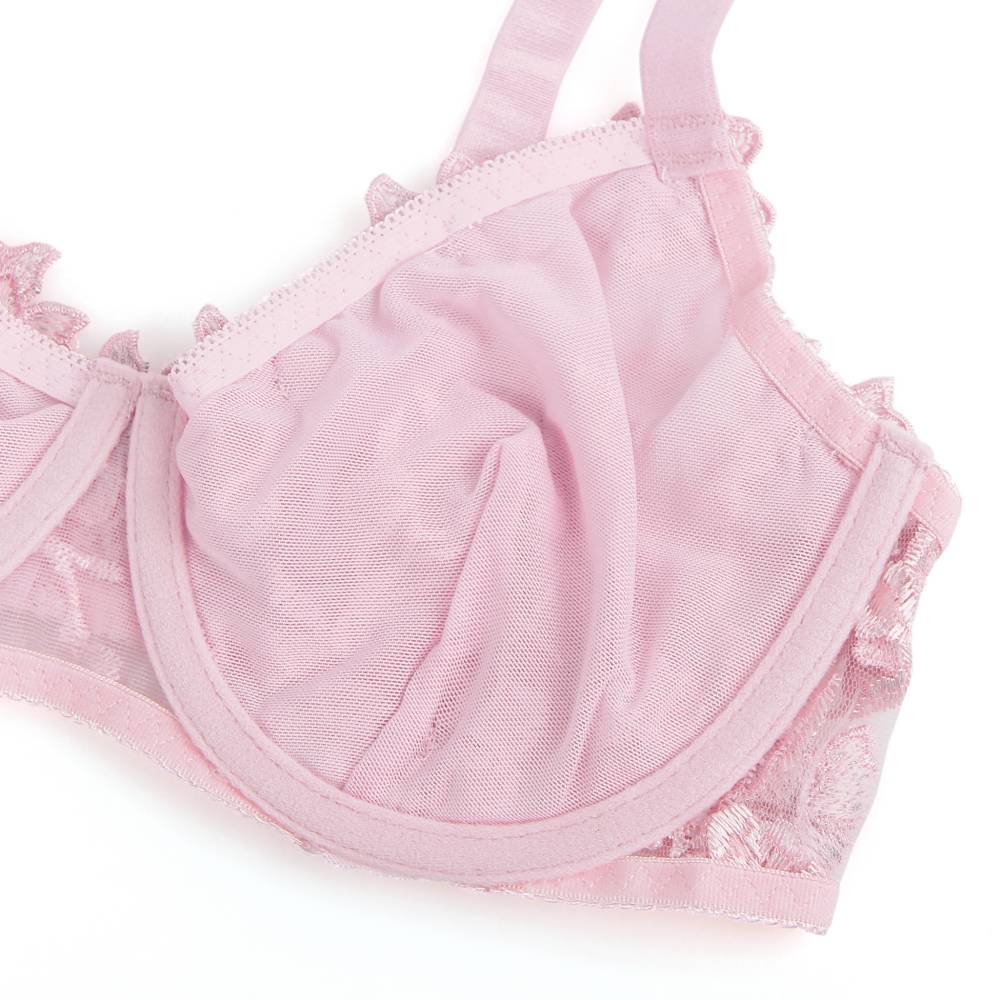 Pink sexy mesh embroidery lace bra set with cute floral deta... Ohyeah - Floral Bra Set - Pink - M photo-13