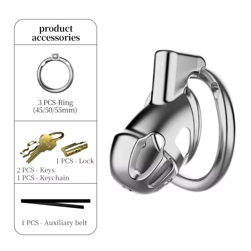 Stainless steel silver hollow short chastity lock with three... Yeahwow - Wearable Short Chastity Cage - Silver photo-5