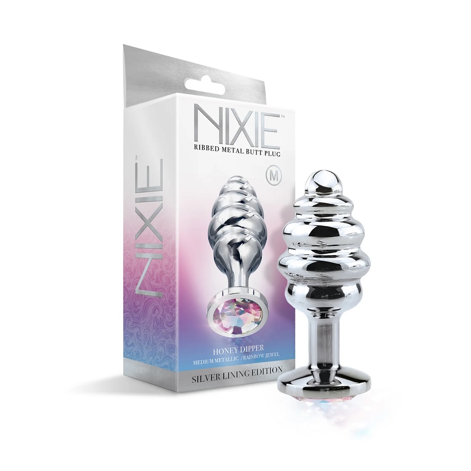 Add a little luxury to your rear with the NIXIE Honey Dipper... Nixie - Honey Ribbed Metal Butt Plug M - Rainbow photo-3