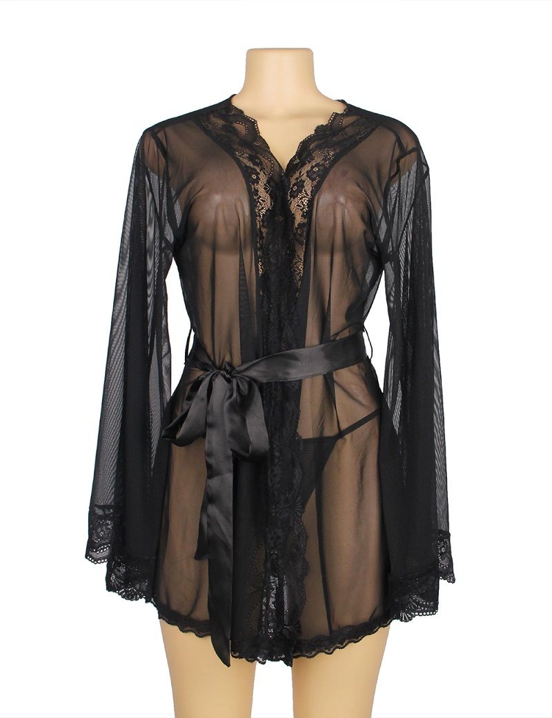Long sleeve mesh sleepwear elegance robe with belt
Material... Ohyeah - Romantic Robe - Black - XL photo-6