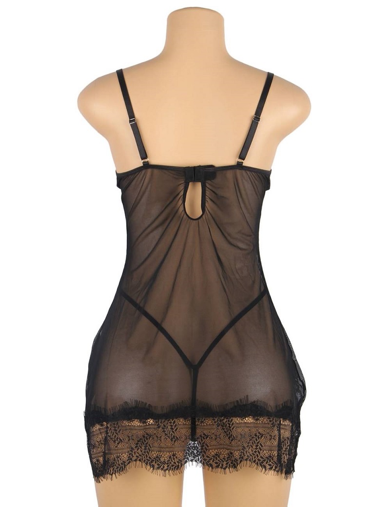 Sexy Black Soft Eyelash Lace Sheer Babydoll Set with Underwi... Ohyeah - Soft Sheer Babydoll - Black - 3XL photo-5