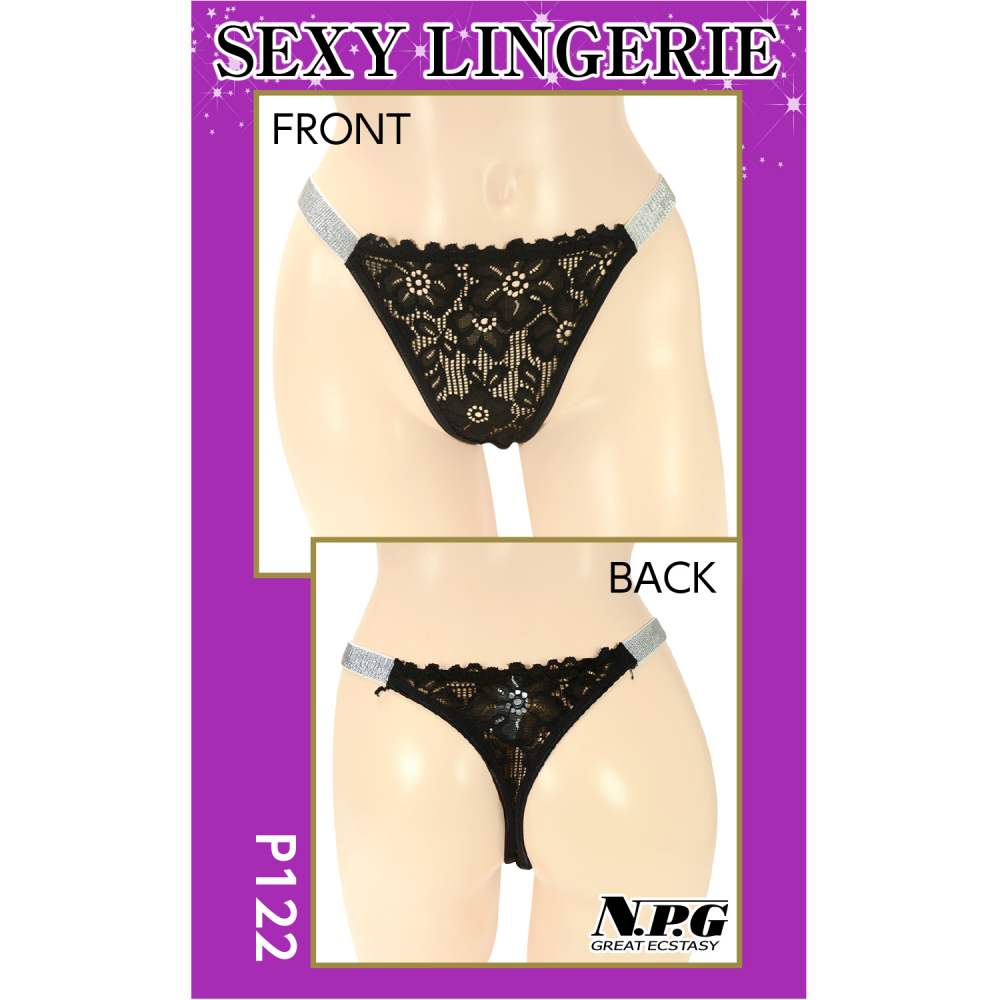 NPG - P122 Floral Lace Thong - Black photo-3