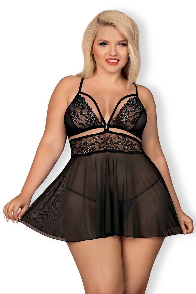 Obsessive - 838-BAB-1 Babydoll & Thong - Black - XXL photo