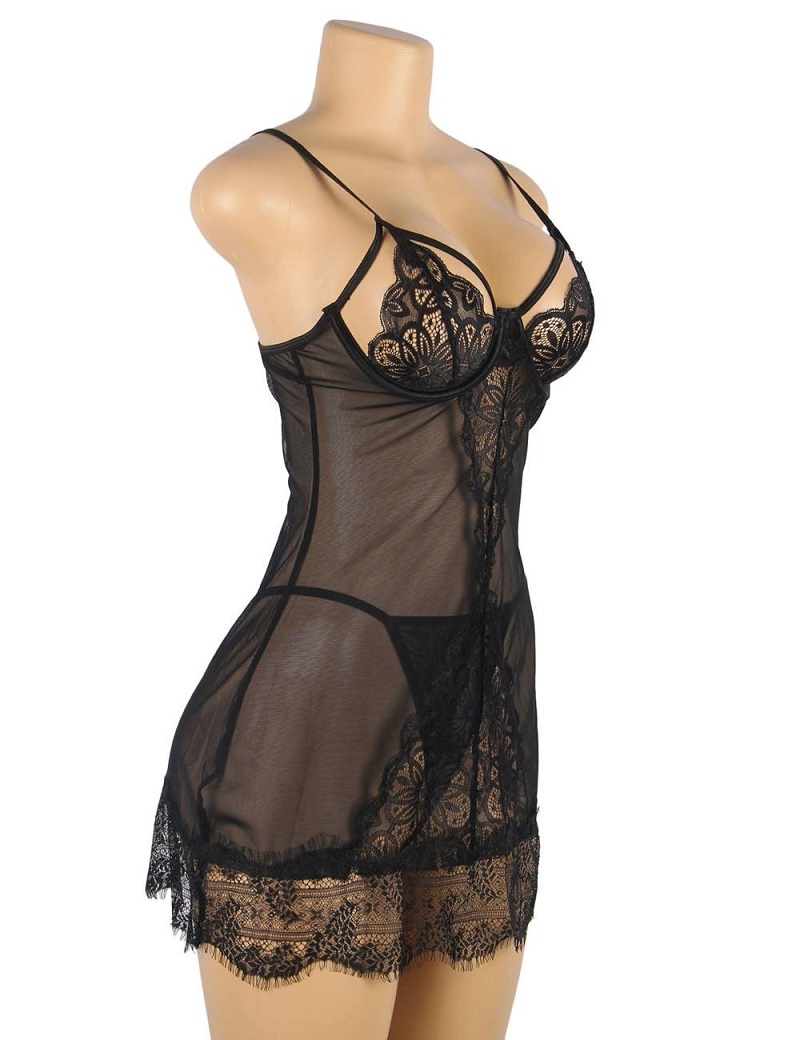Sexy Black Soft Eyelash Lace Sheer Babydoll Set with Underwi... Ohyeah - Soft Sheer Babydoll - Black - 3XL photo-4