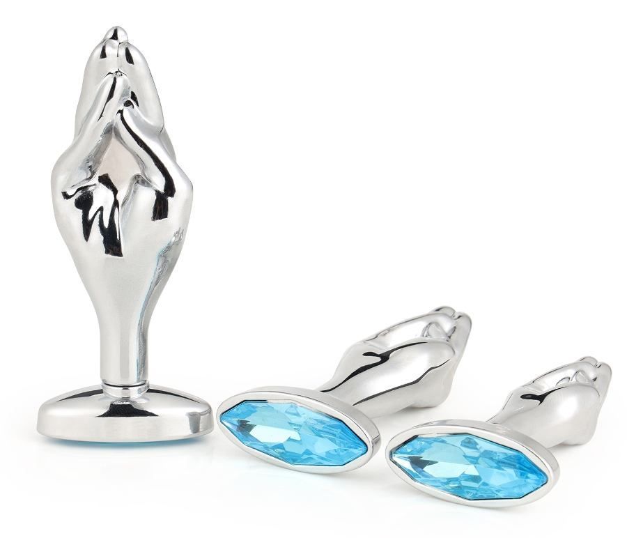Silver palm anal plug with diamond oval bottom finished MT - Gem Anal Hand Plug S-size - Blue photo-6