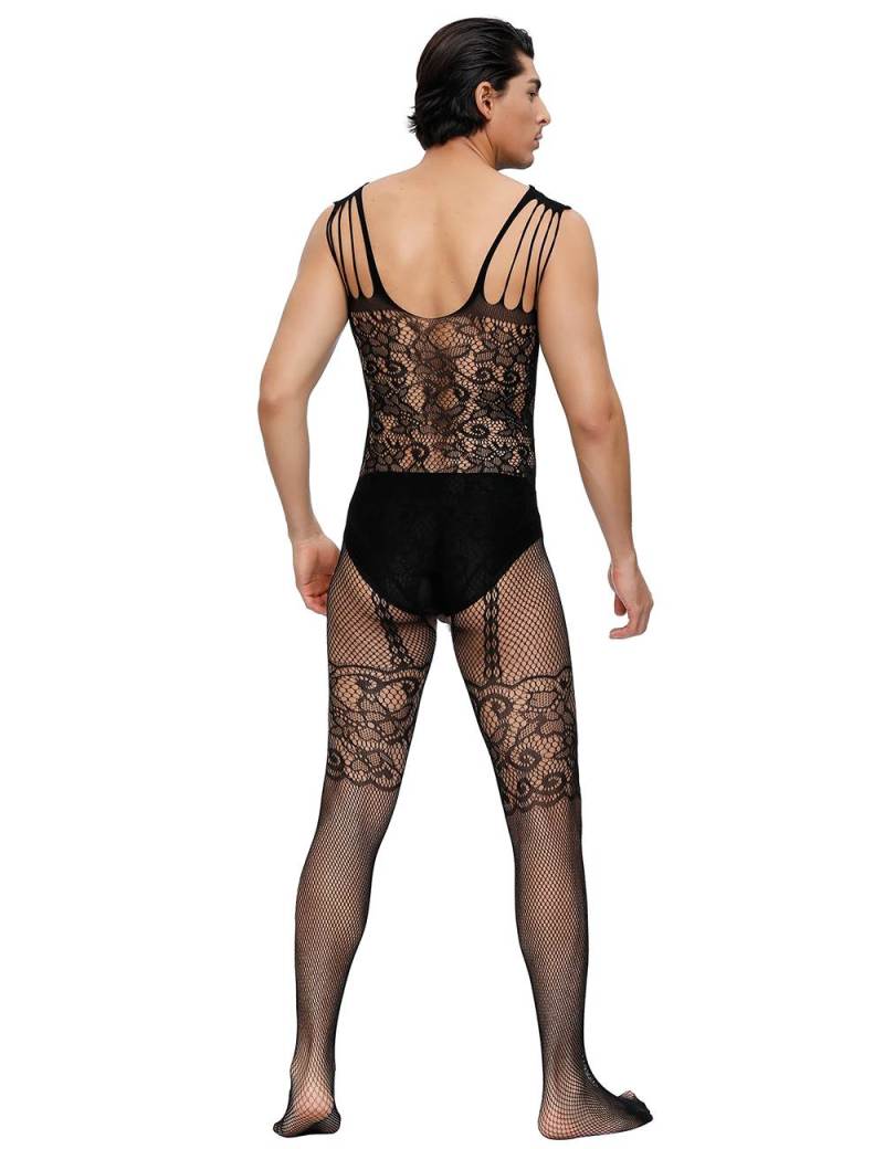 Strappy Shoulders Floral Motif Mesh Black Bodystockings For ... Ohyeah - Male Floral Bodystocking - Black photo-2