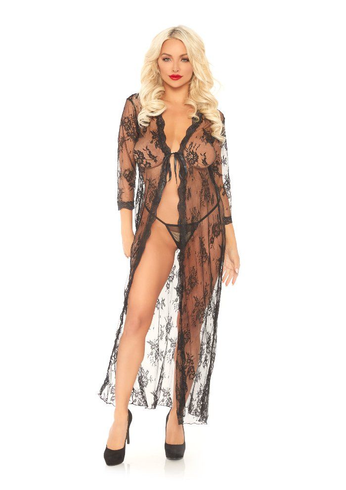 Leg Avenue - Long Lace Robe with G-String - Black - M/L photo