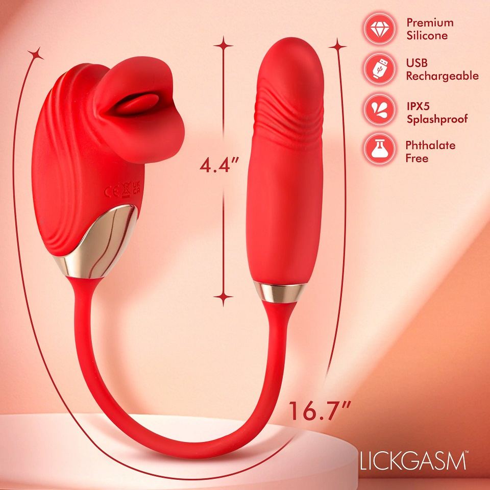Lickgasm - Bliss Kiss Stimulator w Thrusting Vibrator - Red photo-6