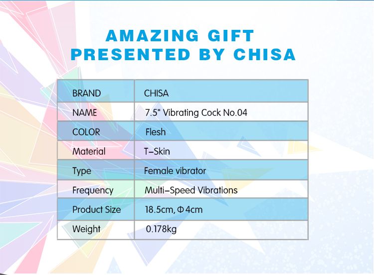 Material:T-Skin
Product Size:18.5cm, Φ4cm
Product Weight:0.1... Chisa - 7.5″ Vibrating Cock No.04 TPE photo-11