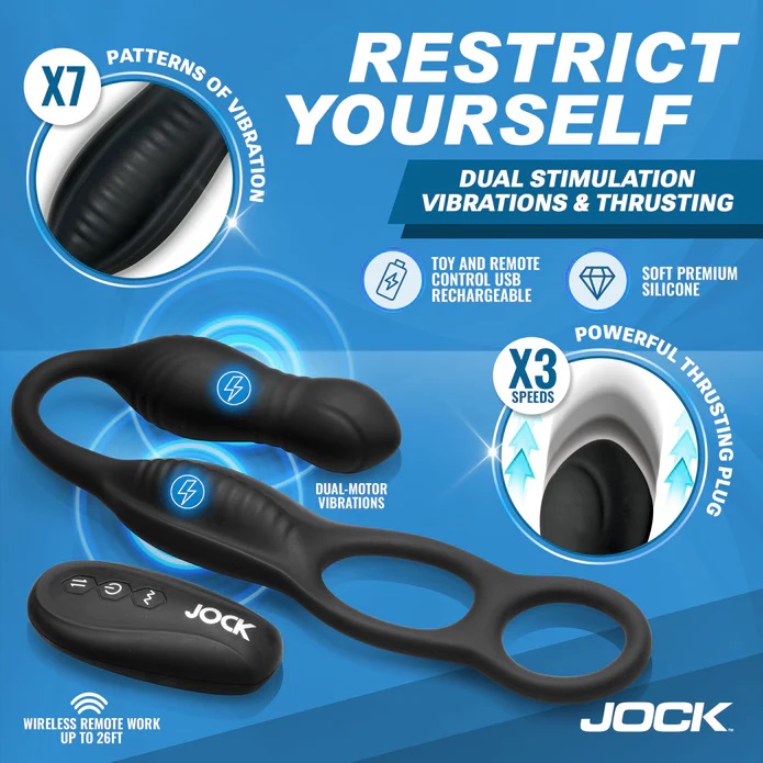 Experience a next-level sensation with this innovative C-rin... Jock - Hyper Thrusting Vibro Plug w C-Ring - Black photo-4