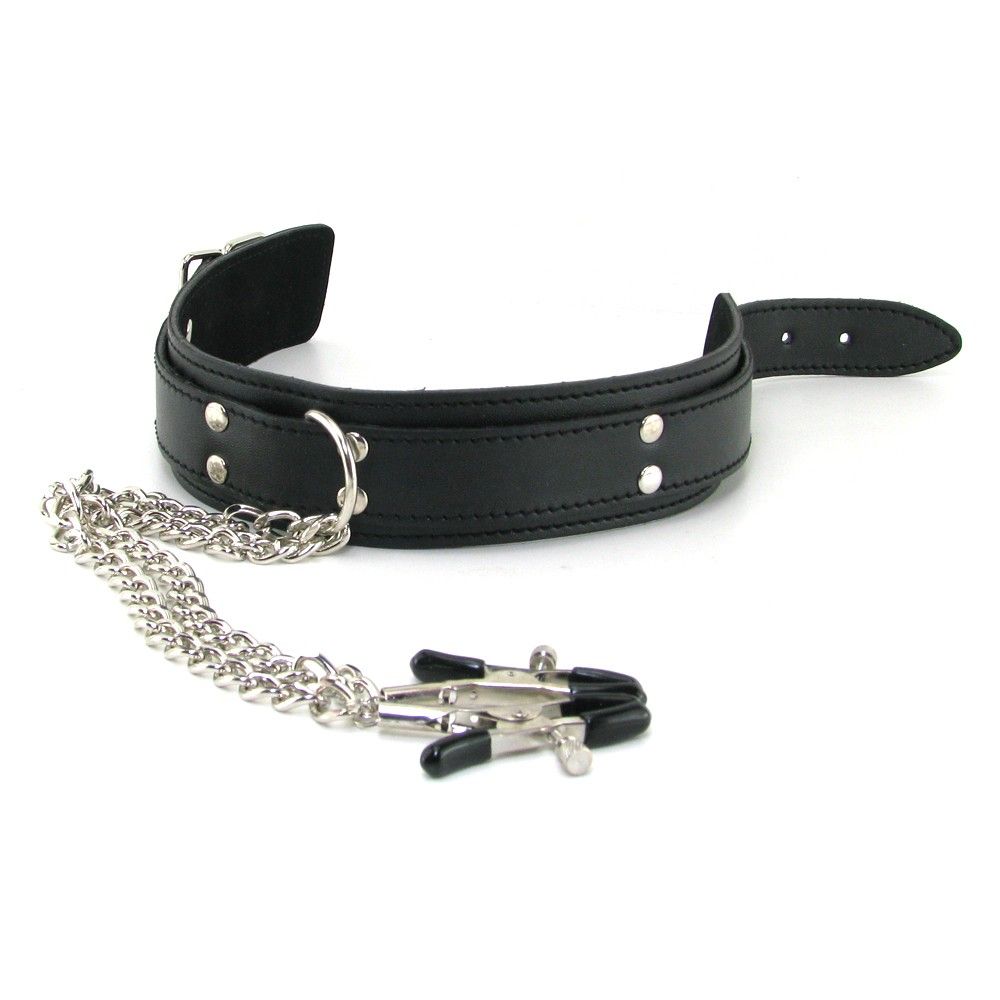 Gorgeous, vegan leather collar with attached nipple clamps p... Sportsheets - Collar with Nipple Clamps - Black photo-4