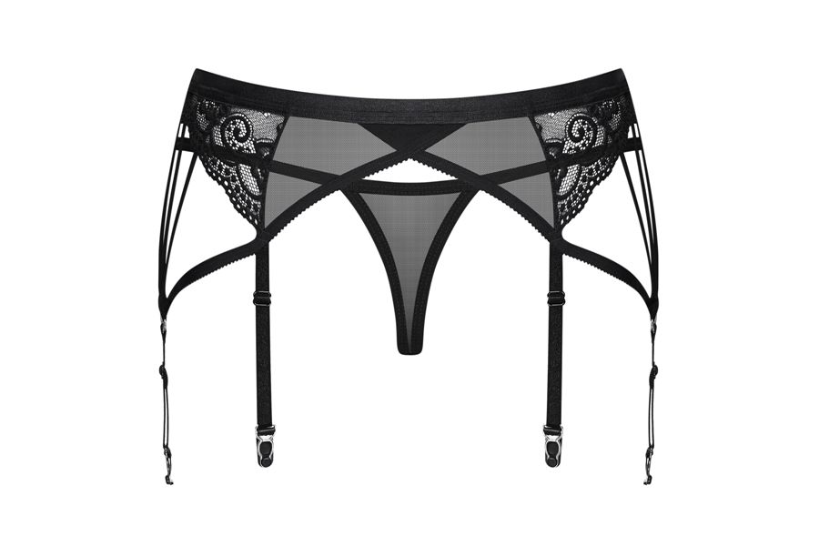 Obsessive - 854-GAR-1 吊袜带和丁字裤 - 黑色 - L/XL 照片-8