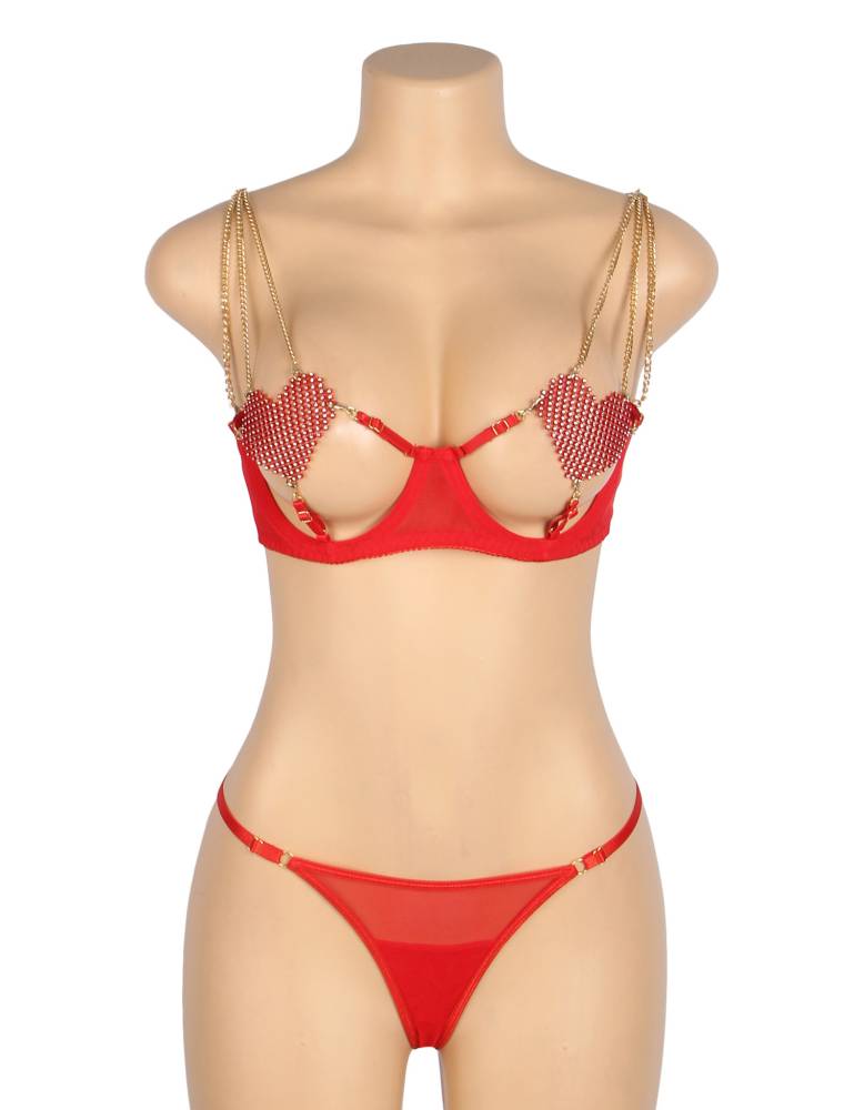 Introducing the newest addition to the ohyeah lingerie colle... Ohyeah - Chain Heart Mesh Bra Set - Red - M photo-8