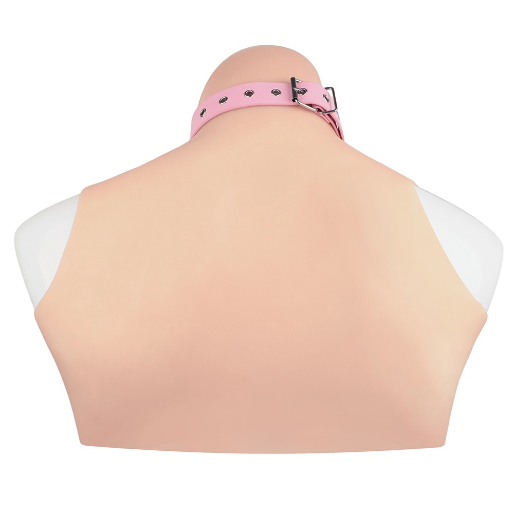 Adjustable BDSM chest bra harness with breast strap on and h... FAAK - Collar w Breast Belt - Pink/Black photo-4