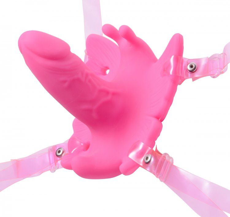 This smooth silicone butterfly lets you enjoy a hands-free o... Frisky - Monarch Remote 10 Mode Silicone Strap On Vibe - Pink photo-5