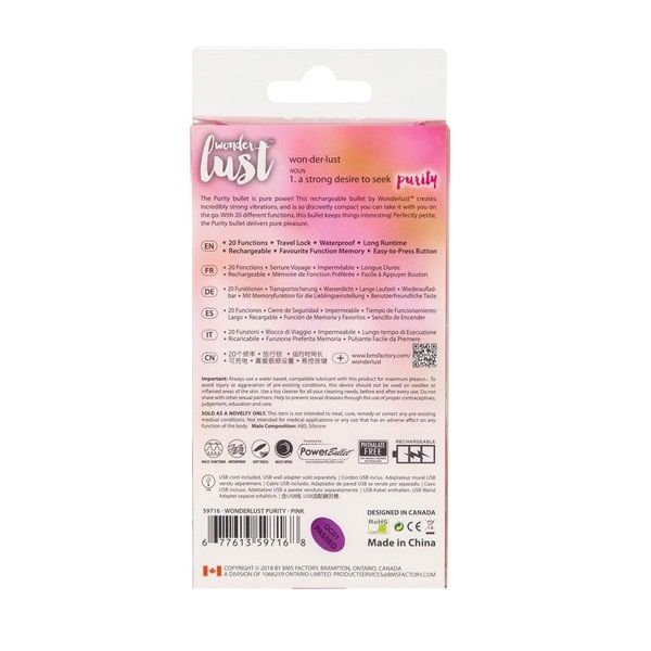 The Wonderlust Purity Sex Toy bullet is pure power! This rec... Wonderlust - Purity Rechargeable Bullet - Pink photo-11