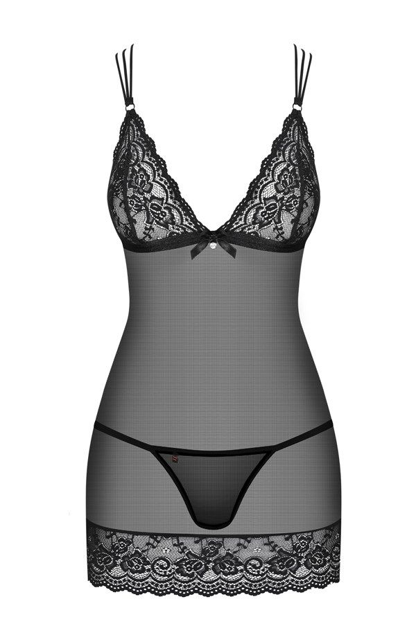 Aww yes! Black mesh, charming lace and sexy straps on the ba... Obsessive - 854-CHE-1 Chemise & Thong - Black - L/XL photo-7