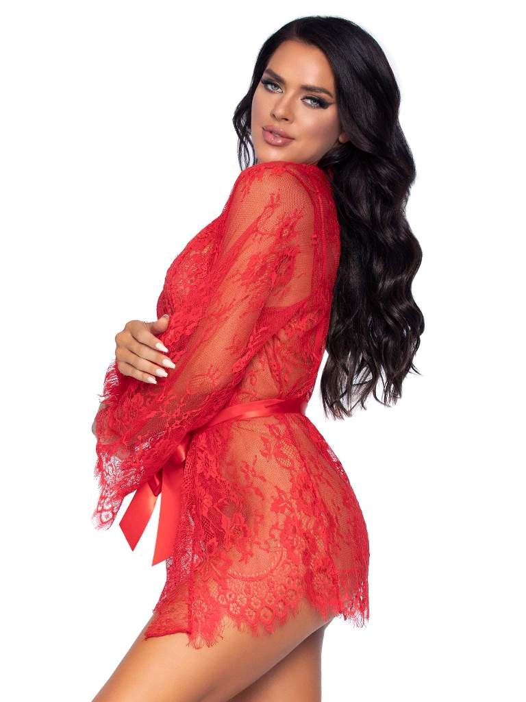 Get lost in the romance of this gorgeous 2 PC lingerie teddy... Leg Avenue - Love Affair Robe & Teddy Set - Red - L photo-4
