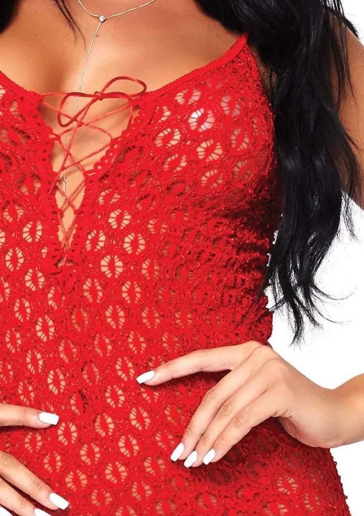 2 PC. Lace mini dress with lace up front and g-string. Leg Avenue - Lace Up Front Mini Dress Set - Red photo-3